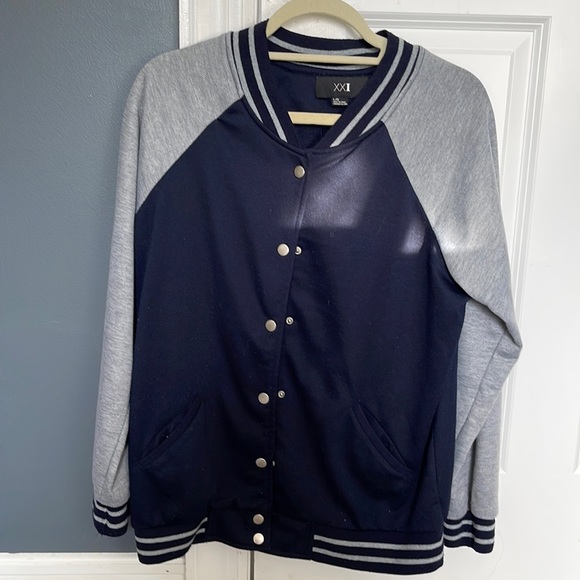 Womens Forever 21 navy grey bomber jkt size large with front slant pocket - Picture 1 of 3